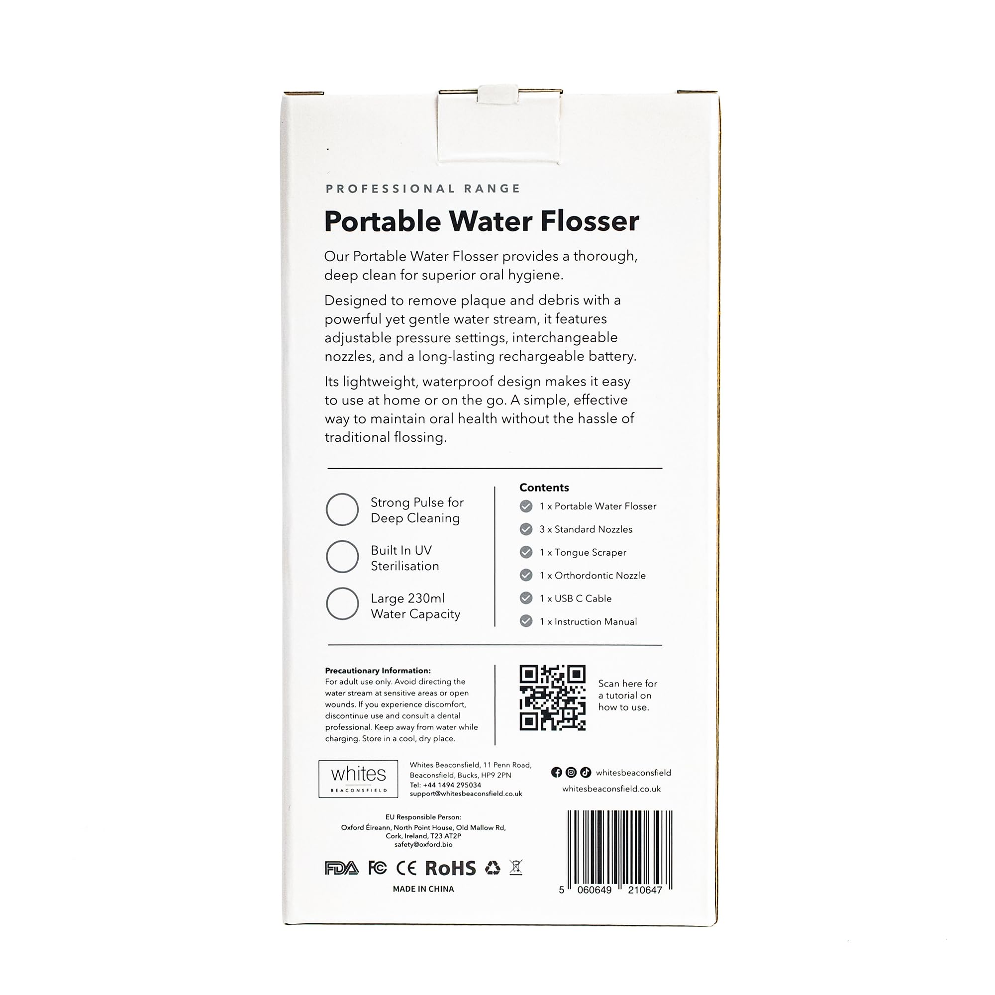 Whites Beaconsfield Idropulsore Dentale Portatile Elettrico Bianco con Serbatoio da 230 ml - Irrigatore Orale con Modalità Regolabili - Pulitore Denti ad Acqua per Gengive Sensibili - Ricaricabile