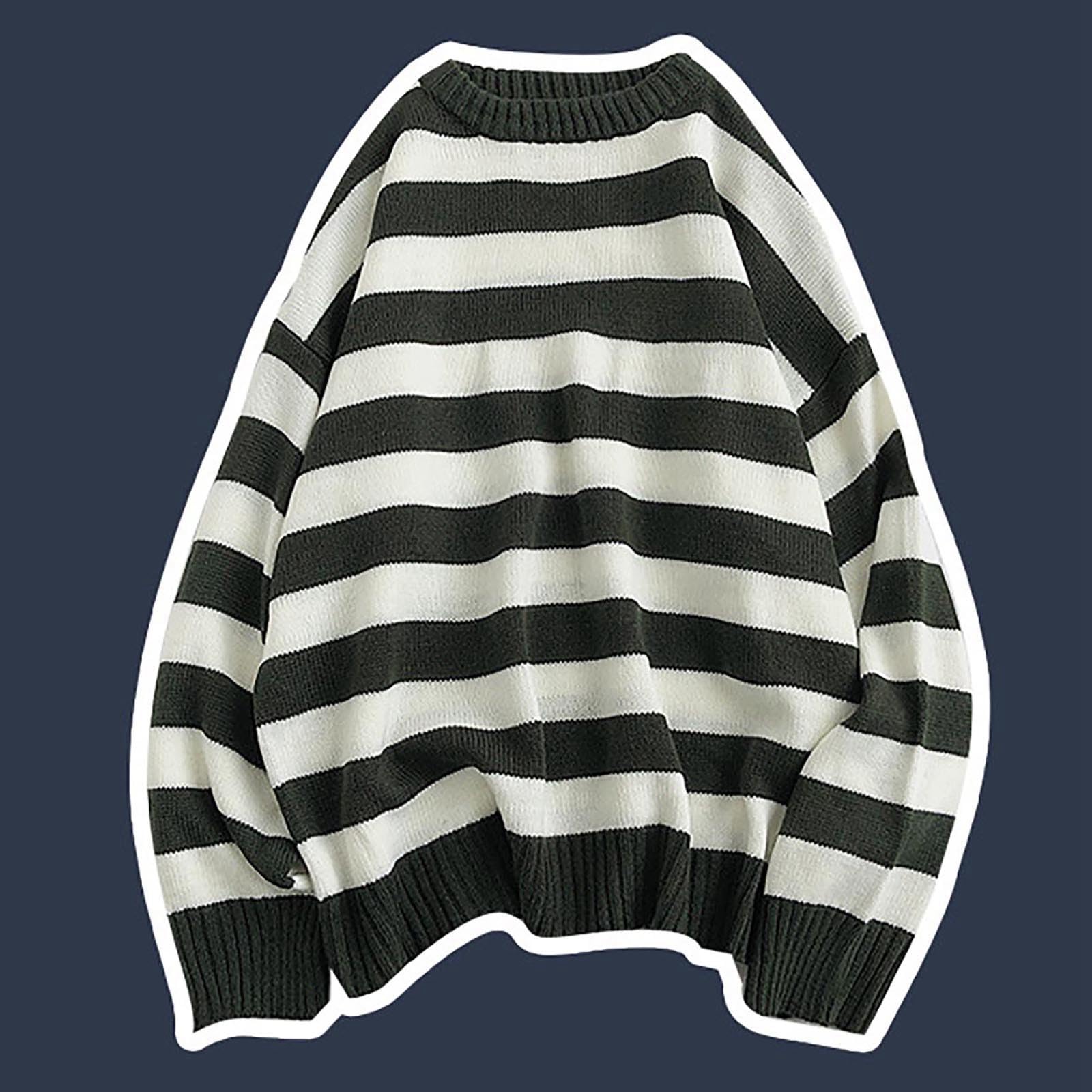 Maglione Moda Uomo Autunno Lavorato a Maglia Bicolore a Righe Girocollo Mag