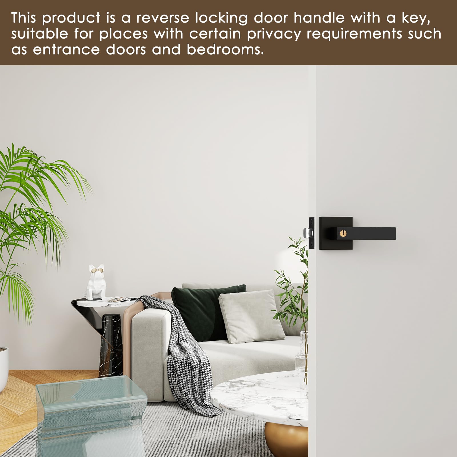 Juego de Manillas para Puerta Manija de Puerta con Cerradura y Llave Maneta Cuadrada Puerta Exterior con Llaves para Dormitorio Negro Reversible para Puertas con Apertura a la Derecha o a la Izquierd