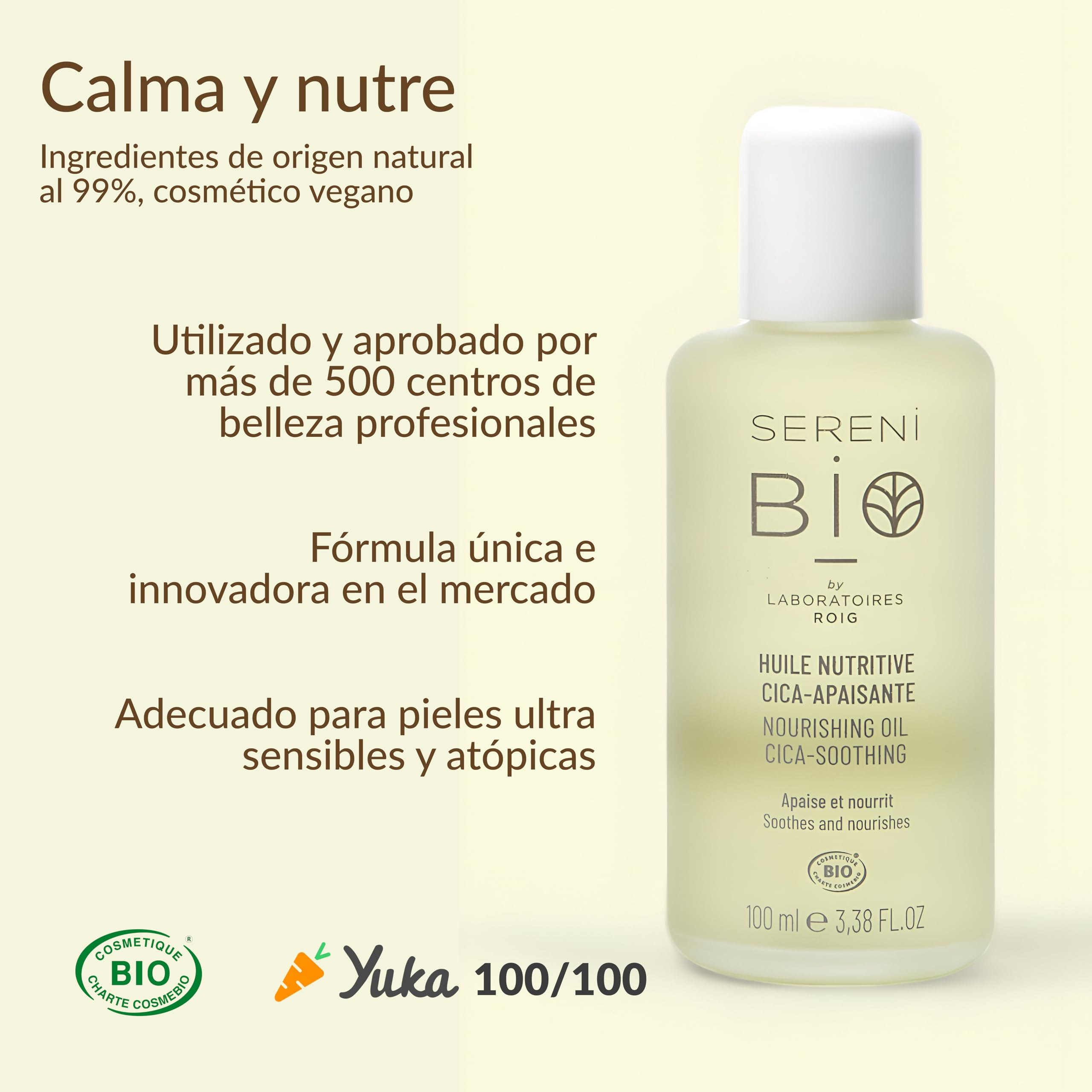 Sérénibio Aceite Nutritivo Centella Asiática - Cuidado Facial Profesional Certificado Bio, Vegano y de Comercio Justo - Calma Nutre - Aceite Hidratante para Pieles y Cabellos Ultrassensibles - 100 ml