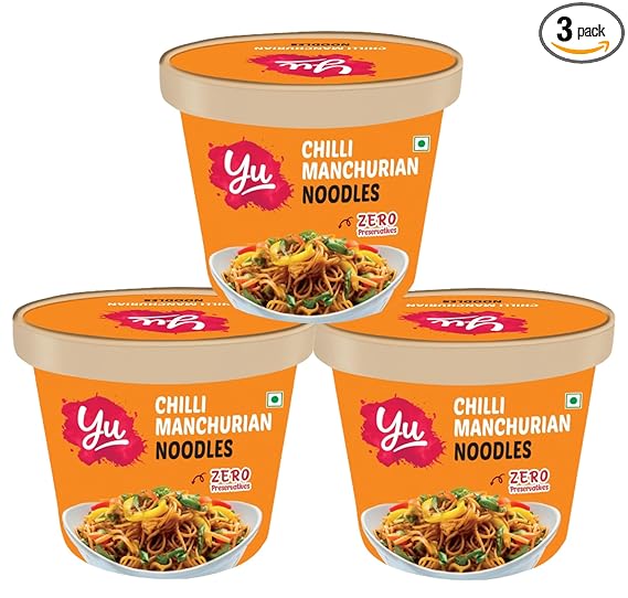 Cup Noodles - Chilli Manchurian  Korean Style Spicy Ramen Noodles - Pack of 3 - No Preservatives - Instant Food - 100% Natural & Veg - Ready to Eat Instant Noodles in 5 mins - 675g - Yu Foodlabs