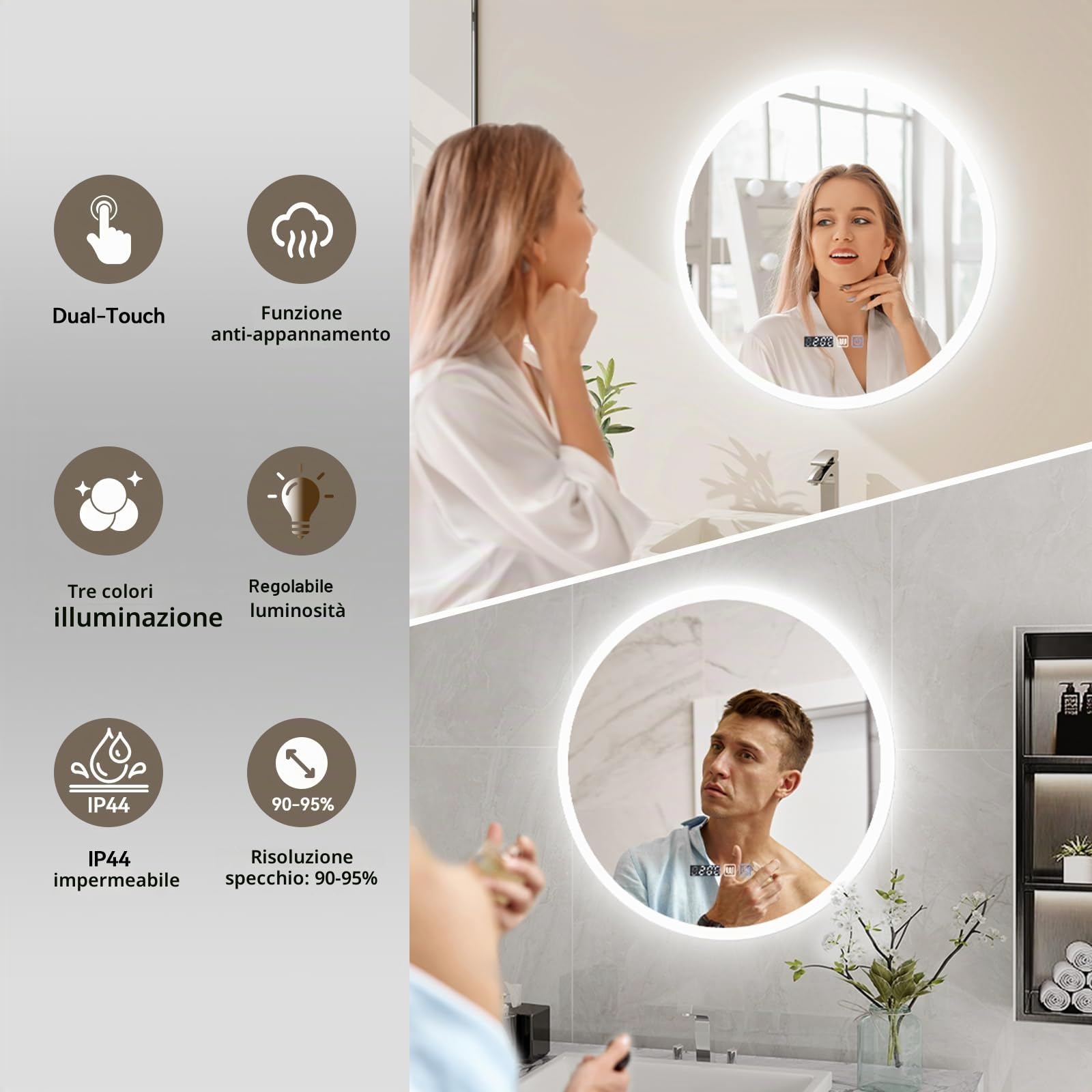 YU YUSING Specchio Bagno con Luce LED, Rotondo, 60 cm, 3 Colori, Luce Regolabili, Specchio da Parete, con Interruttore Touch e Funzione Antiappannamento, Visualizzazione del Tempo, IP44