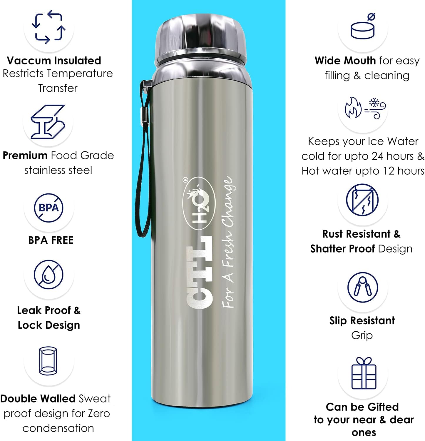 CTLH2O Stainless Steel 1L Water Bottle| Double-Walled Insulated Vacuum Flask| 12 Hrs Hot & Cold Thermosteel Bottle with Flip & Cover Bag for Office Gym Home & Travel (Dark Grey)