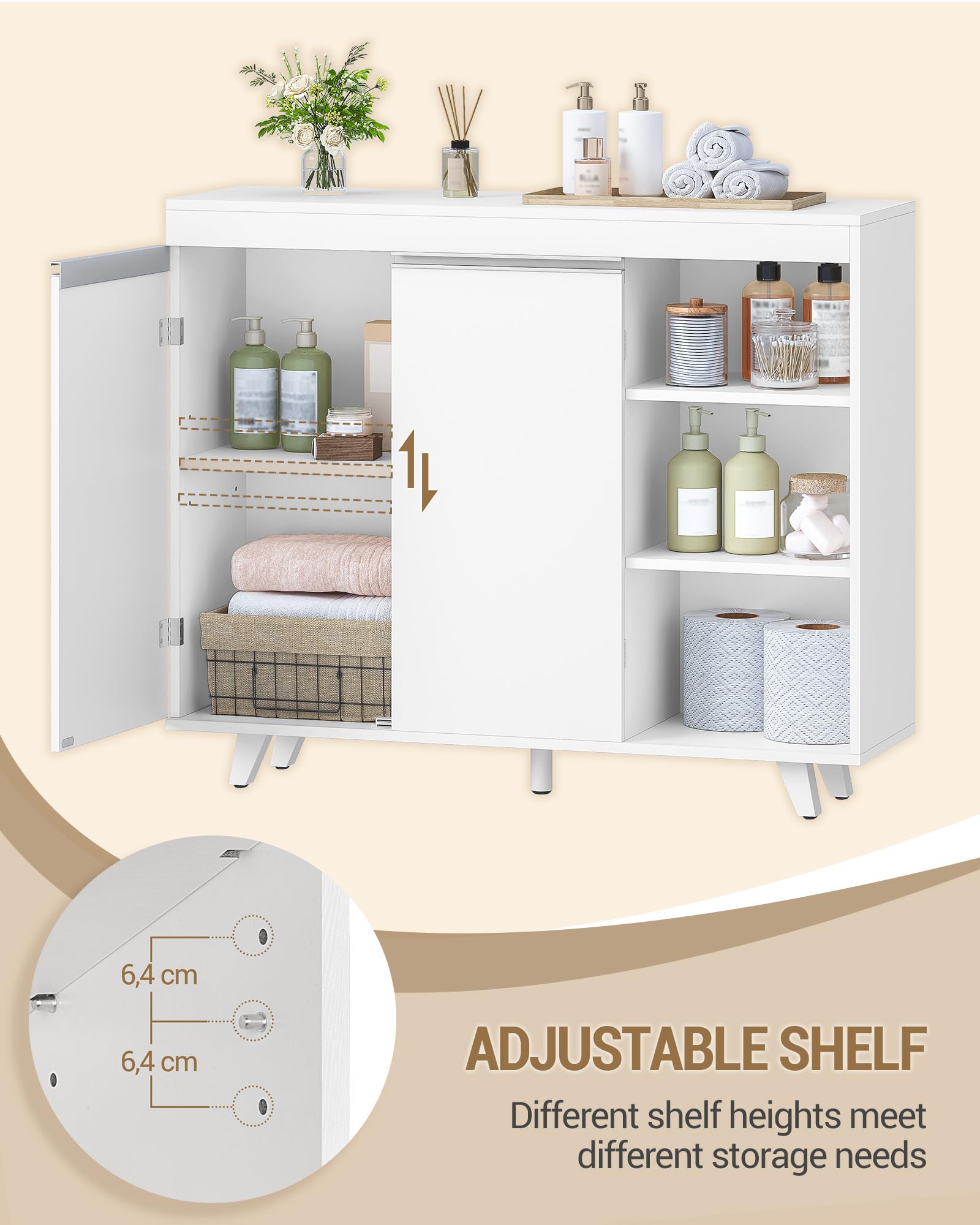 Hzuaneri Mobile da Bagno, Armadio di stoccaggio, Mobile da cucina, con 3 Ripiani Aperti Regolabili e 2 ante, moderno, per Bagno, Soggiorno, Ingresso, Cucina, 30 x 100 x 82 cm, Bianco SC20203X
