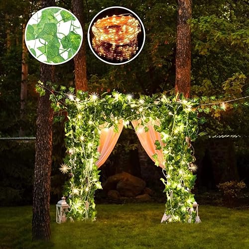 Miniatura 5 de Guirnalda de hiedra artificial de 168 pies con 400 luces LED 132 pies, enredaderas falsas para decoración de dormitorio, hojas de hiedra,