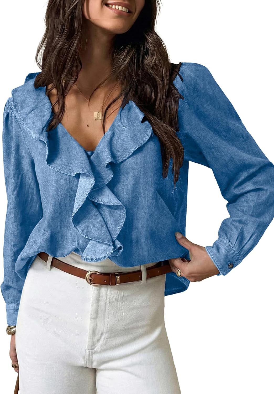 Sidefeel Womens Denim Shirt Ruffled Edge V Neck Casual Long Sleeve 2026 Fall Jean Blouses Tops