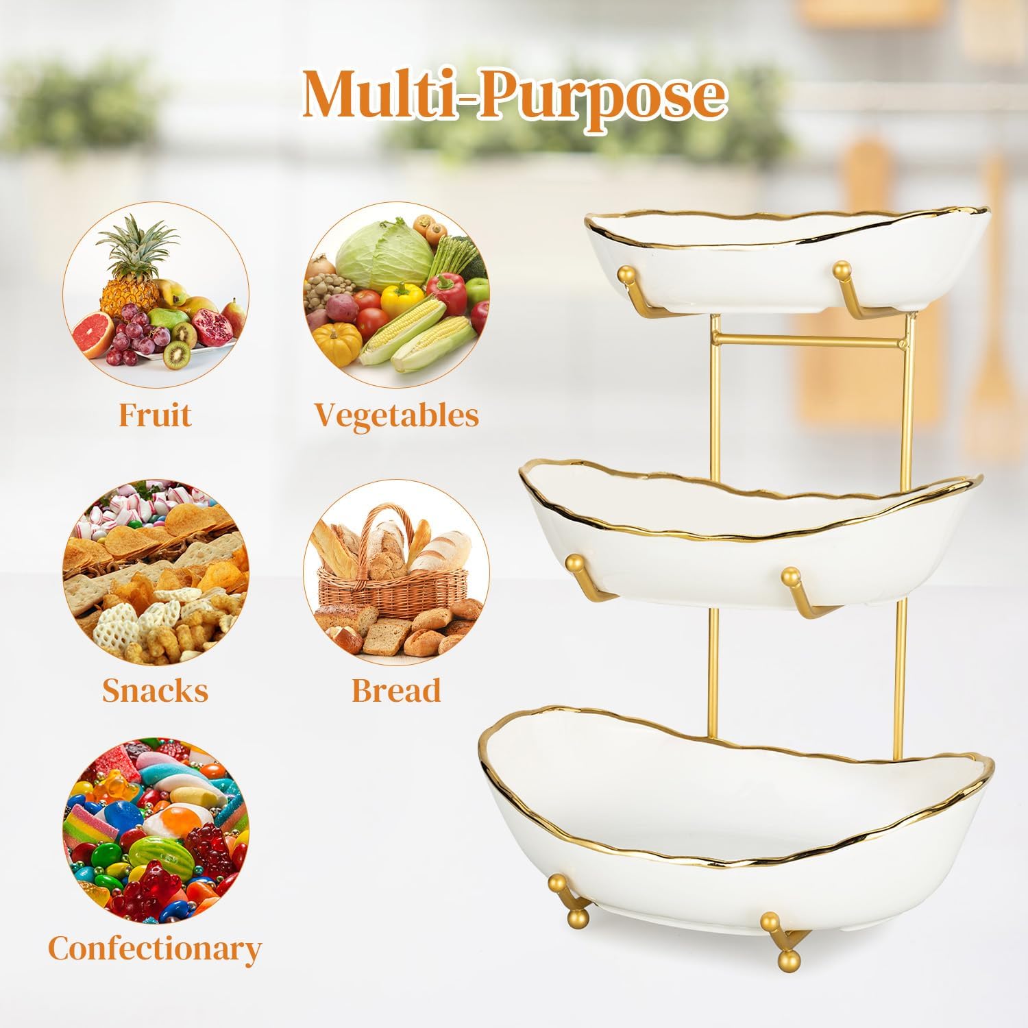 3 Tier Fruit Basket Ceramic Fruit Bowl Vegetable Storage with Metal Rack Porcelain Fruit Stand Storage Holder for Kitchen Counter Large Capacity Fruit Holder for Bread, Snack