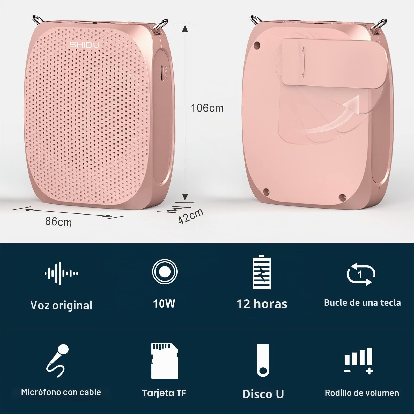 SHIDU Amplificador de Voz para Profesores, Altavoz megáfono, Sistema PA portátil con micrófono (Trabajo de 12 Horas), soporta Audio de Formato MP3 para guías turísticas, Yoga, Instructores de Fitness