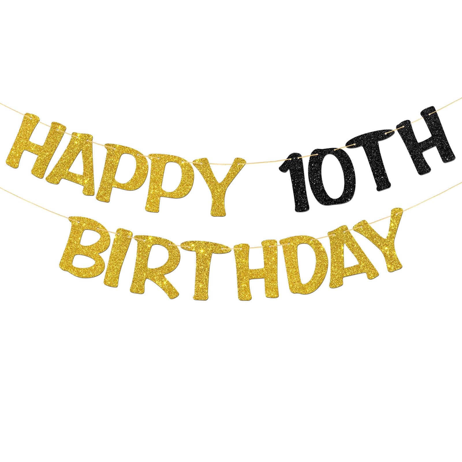 Happy 10th Birthday Banner - Kid Boy Girl 10th Birthday Party Garland Supplies - Cheers to 10 Years Party Decorations - Gold Black Glitter