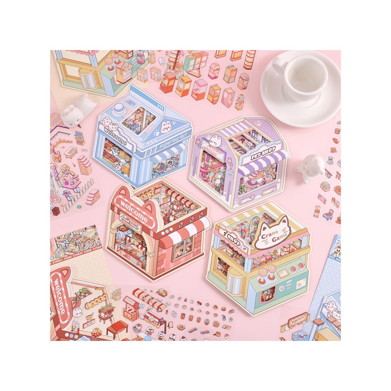 DIY 3D House Stickers Pack of 4 with Tweezer – Cute Cartoon Scene Kits for Kids, Bear Workshop, Cute Dog, Meow House, Devil Cat-image-8