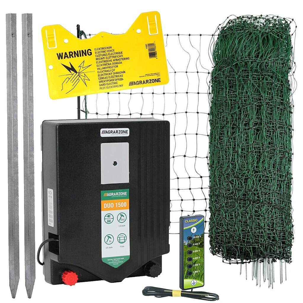Agrarzone Hühnerzaun Komplett-Set 50m x 112cm Geflügelnetz Weidezaun Hühner | Weidezaungerät, mobiler Geflügelzaun, mit Strom, 12V, 230V