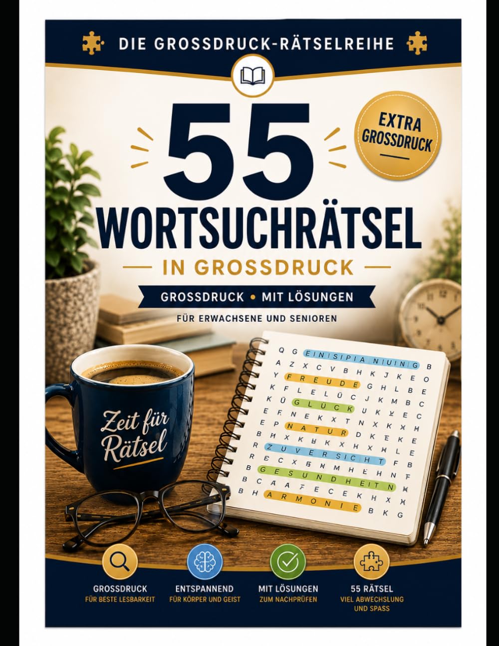 55 Wortsuchrätsel in Großdruck: Mit Lösungen für Erwachsene und Senioren