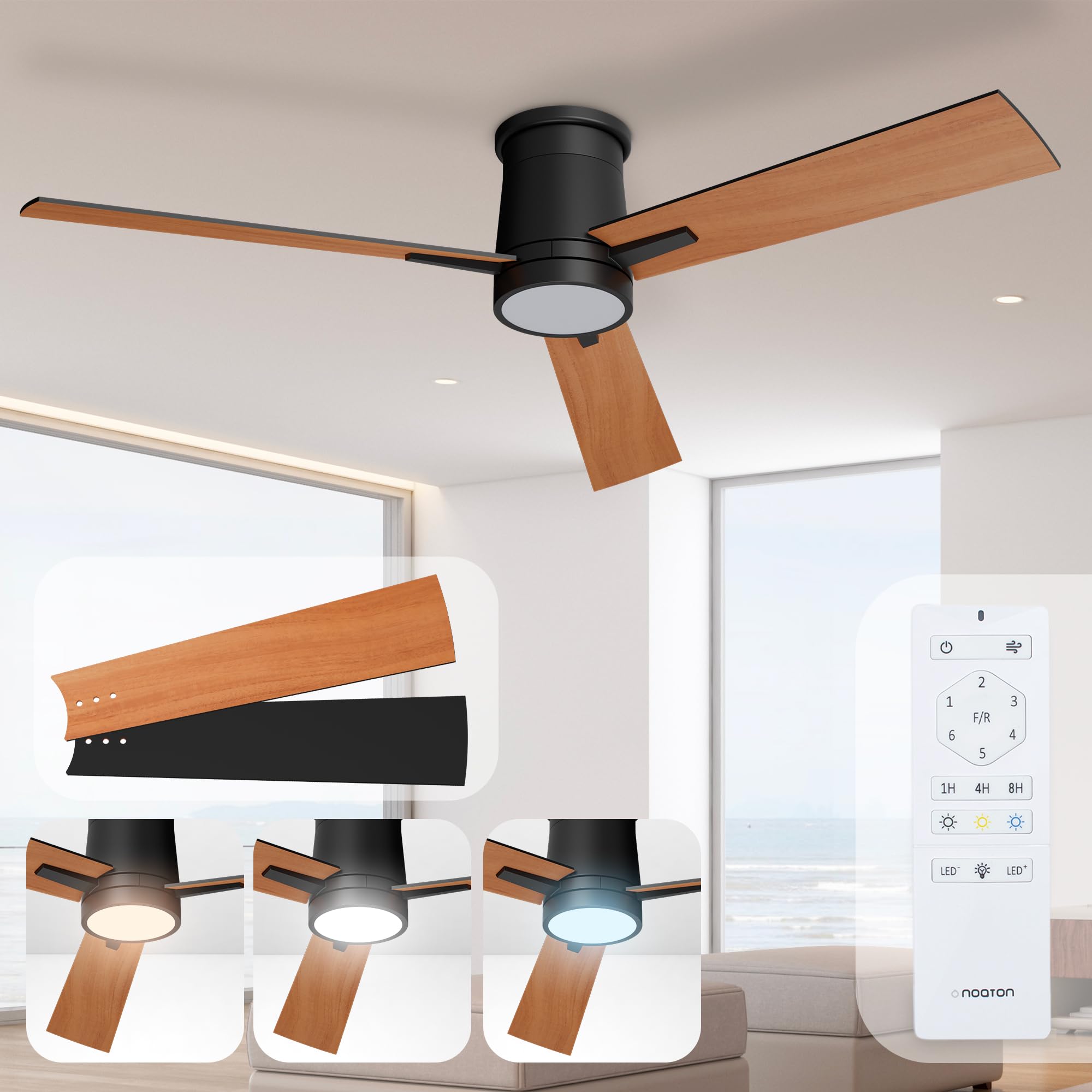Noaton® Rhea Ventilador de Techo con Mando a Distancia, Luz Ajustable 22,9 W, Negro/Madera oscura, Ultra Silencioso, 6 Velocidades, Temporizador, 3 Palas, Función Verano-Invierno, Ø132 cm