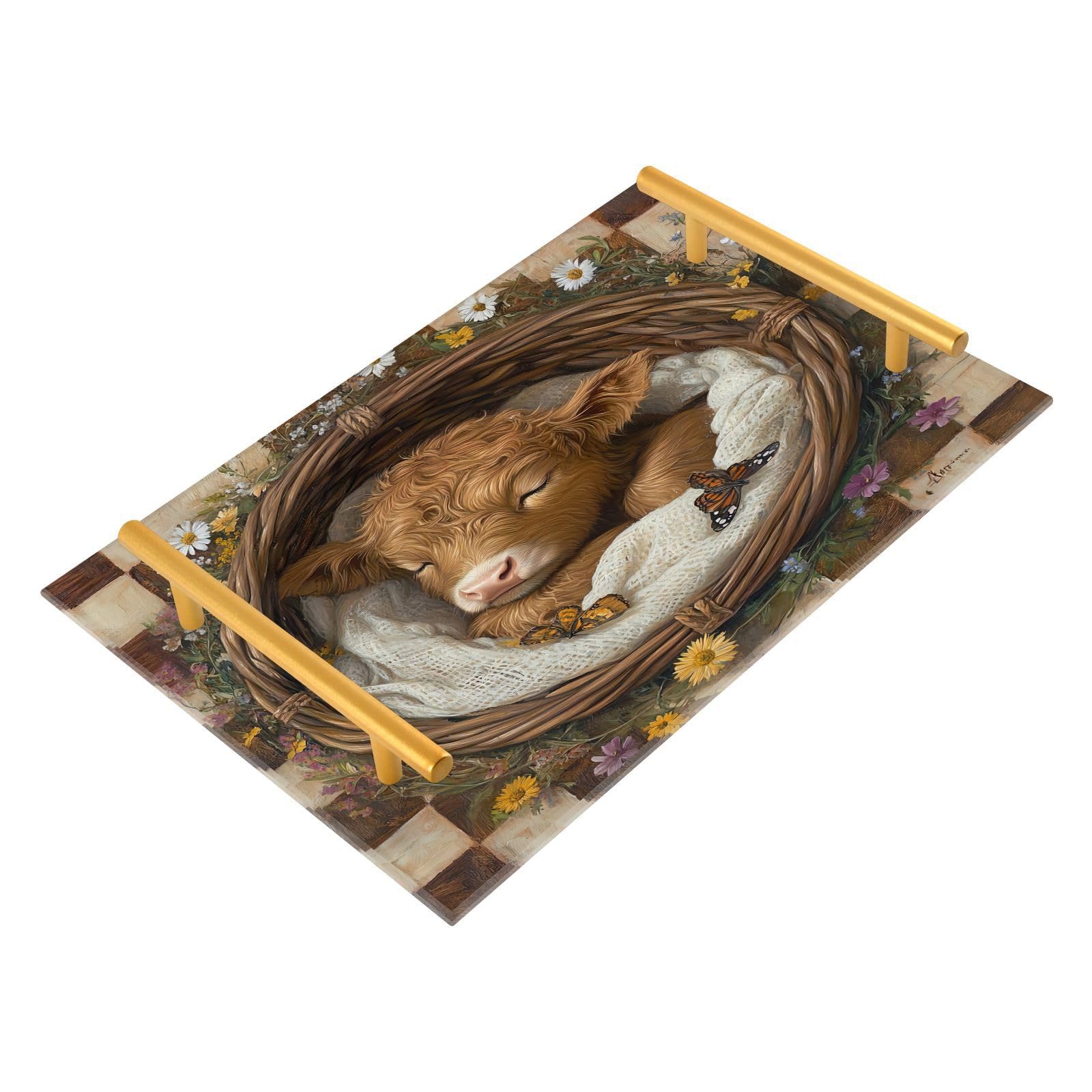 GUIJI Highland Cow Acrylic Tray, Perfume Cosmetic Jewelry Decorative Trays Bathtub Organizer, Living Room Kitchen Serving Tray with Gold Handles