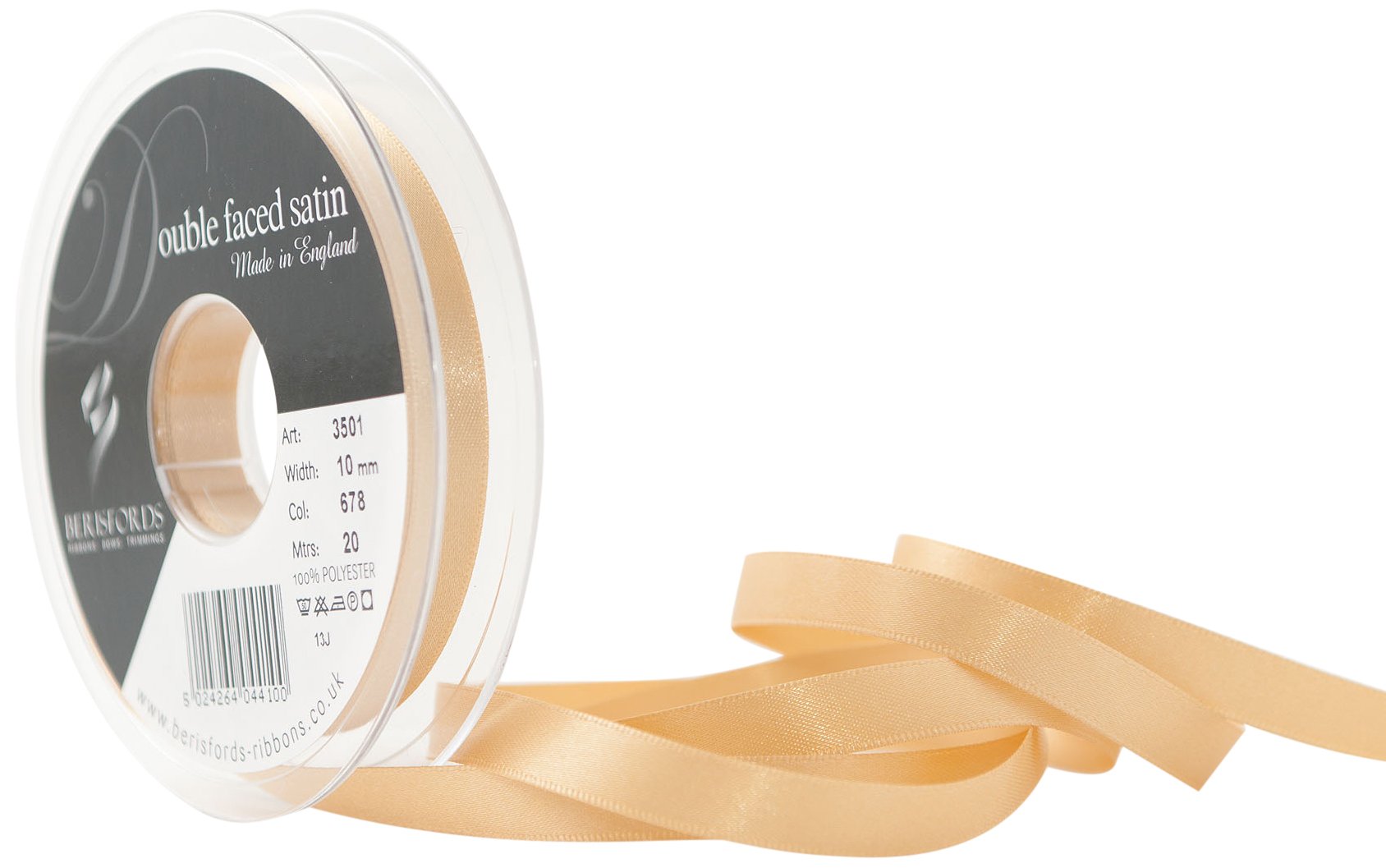 Berisfords 3501-HG-10 10 mm Double Faced Polyester Satin Ribbon, Honey Gold