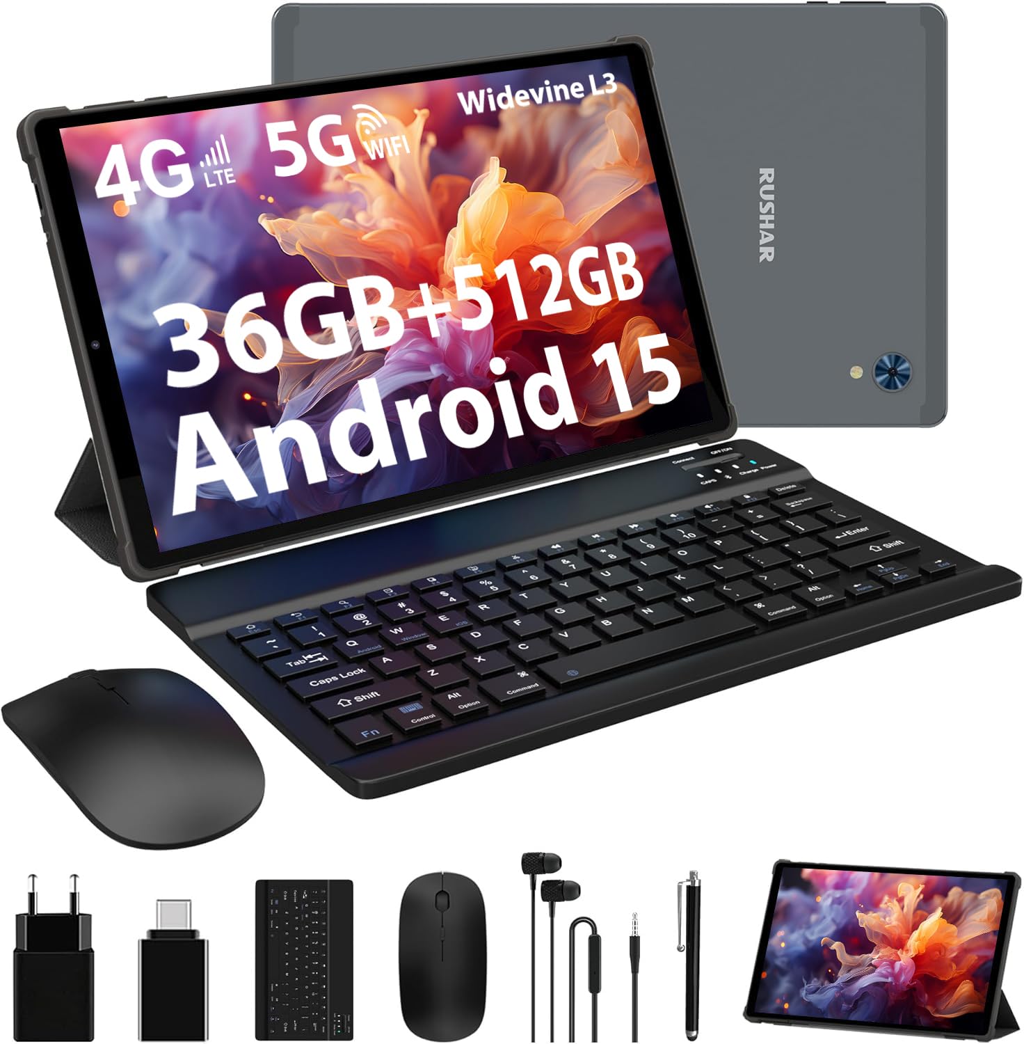RUSHAR Tablet Andriod 15, Tablet 10.6 Pollici, 36GB RAM+512GB ROM(TF 2TB), 4G LTE+5G WiFi/INCELL 2000 * 1200/8000mAh/Octa-Core/13MP+8MP/BT5.0/OTG, 2 in 1 Tablets con Tastiera e Mouse,Grigio