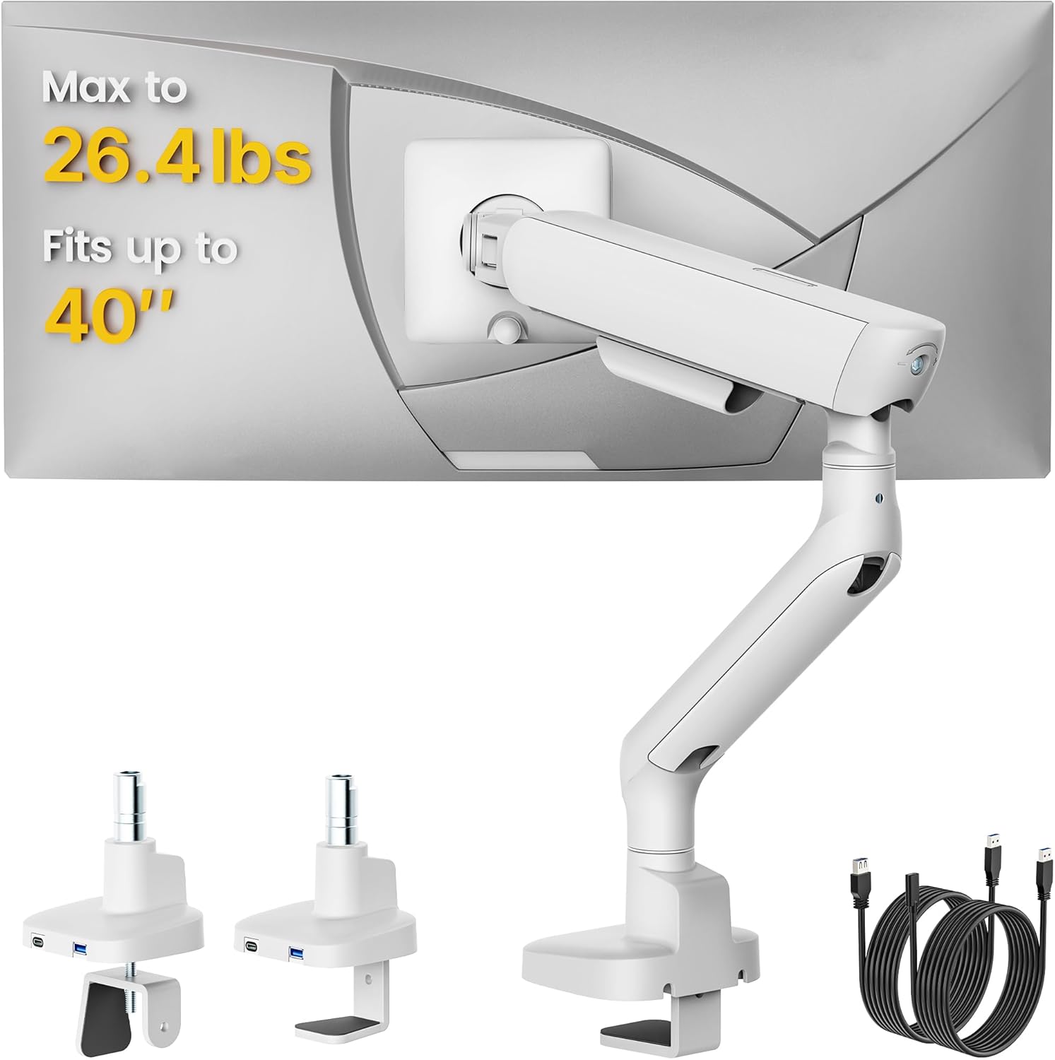 monTEK Single Monitor Arm with USB, Mechanical Spring Monitor Arm for 17-40" Screens, Adjustable Monitor Desk Mount Holds up to 26.4 lbs with C Clamp/Grommet Desk Mount, VESA 75/100mm