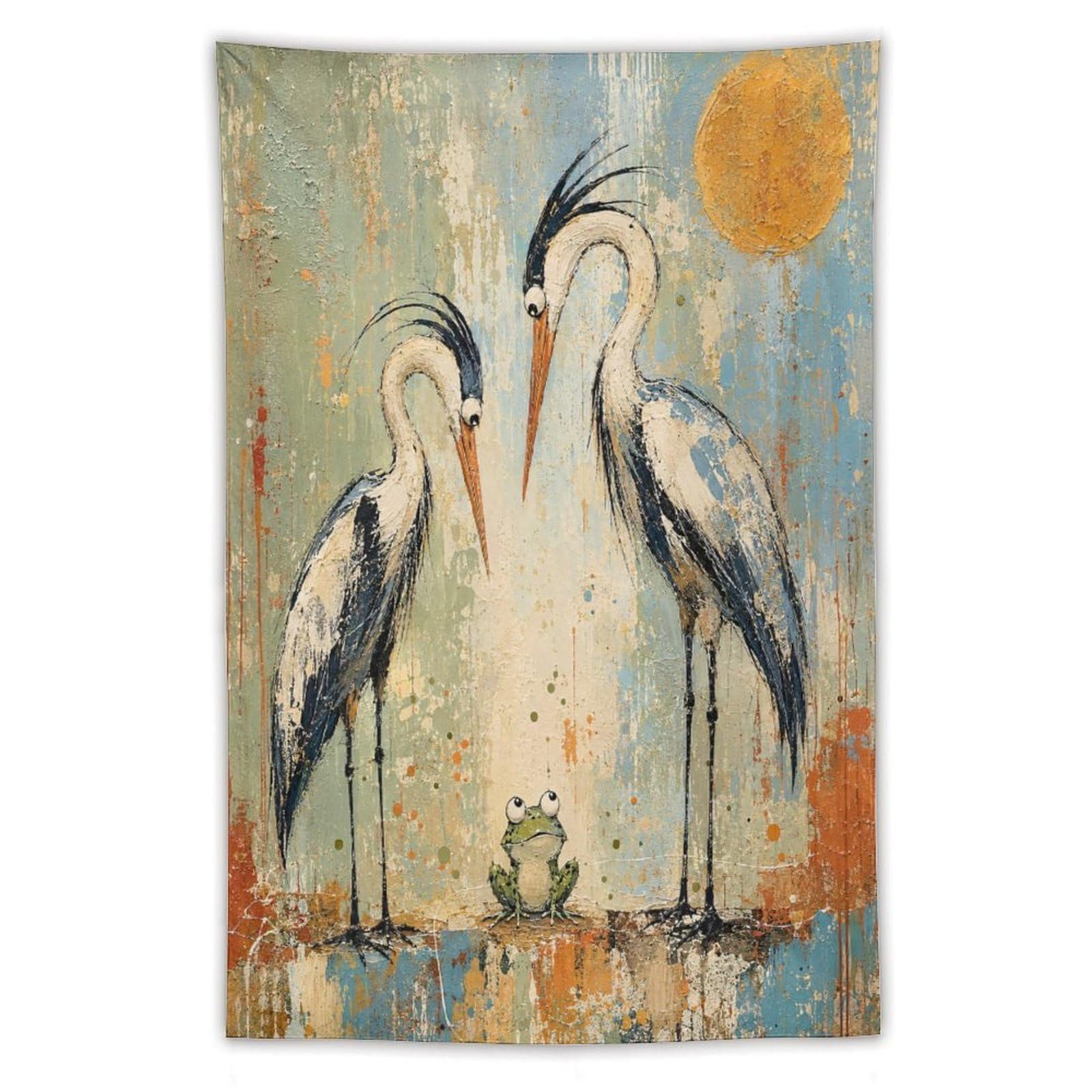 H3B8U2Y5 Cranes with Frog Wall Tapestry, Asian Ink Style, College Dorm