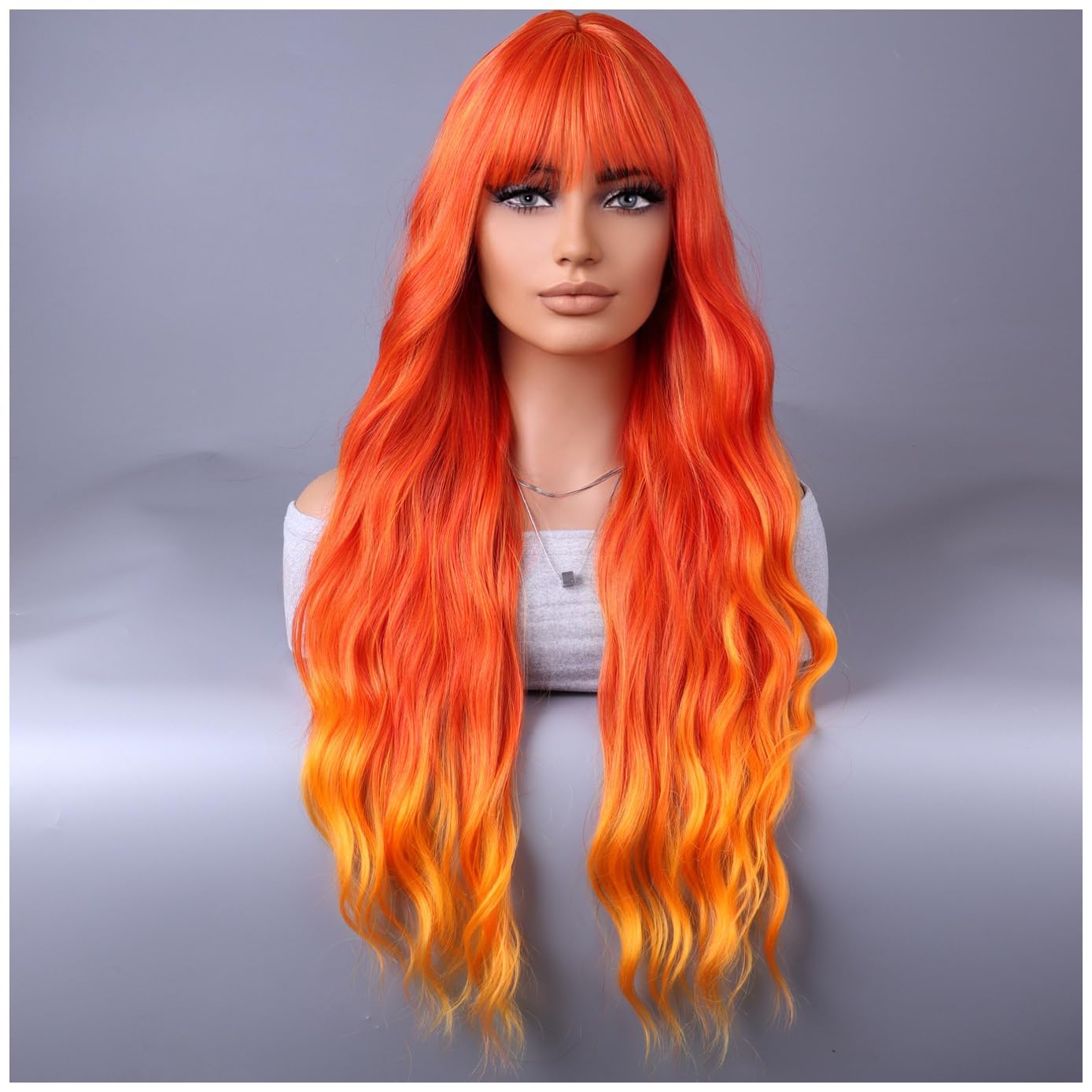 BERON Orange Wigs Women Long Wavy Flame Fire Colored Wig with Bangs 26 Inches Curly Synthetic for Cosplay Party Wigs Wig Cap Included Mixed Orange