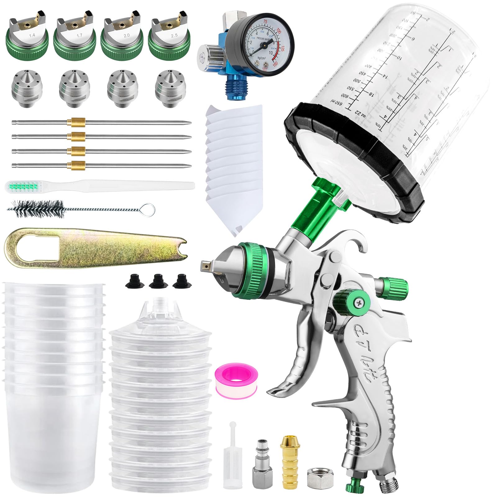 HVLP Gravity Fed Air Spray Gun with 1.4/1.7/2.0/2.5 mm Nozzles and 650cc Mixing Cups, Sprayer Paint Gun for Automotive Refinishing and Home Wall Finishing Applications (Green)