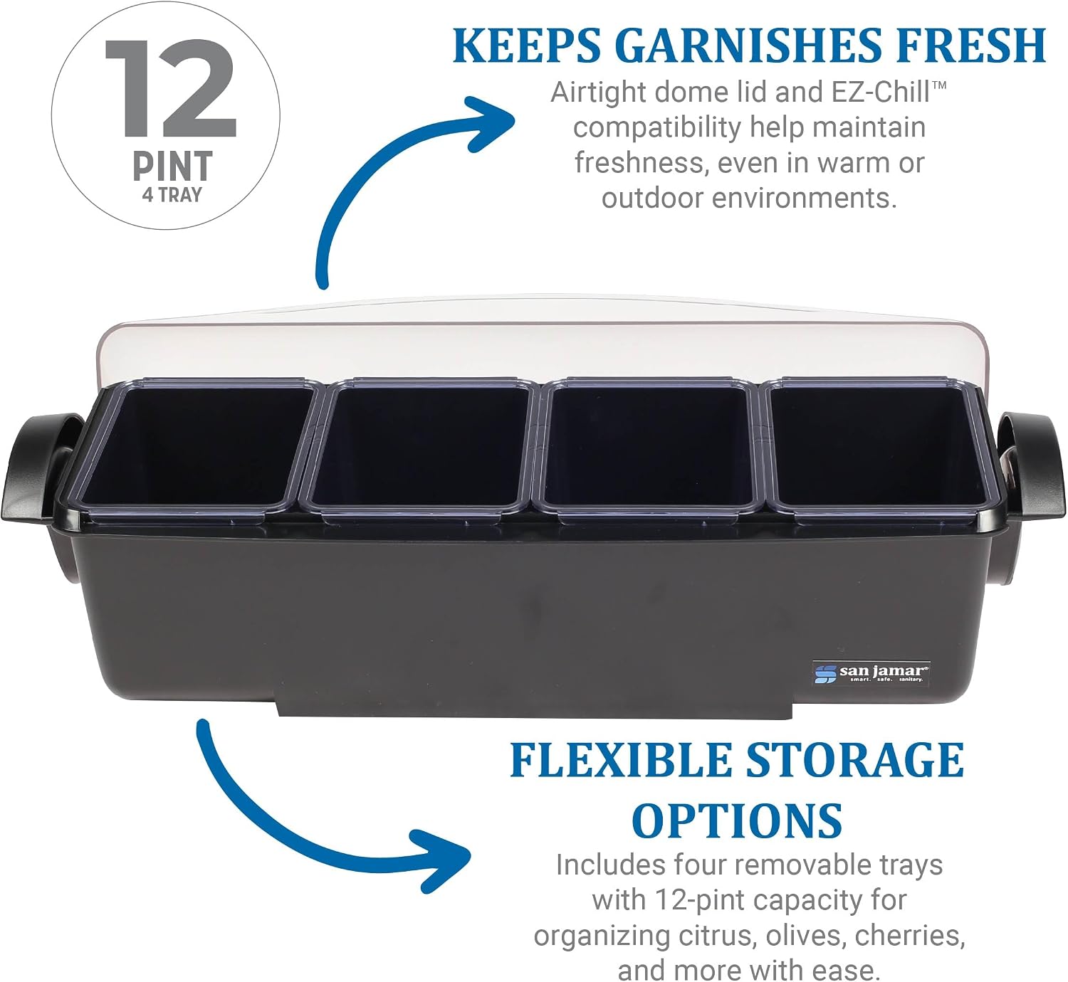 San Jamar Dome Garnish Center 4 Tray with Dome Lid for Kitchen, Bar, and Restaurants, Plastic, 12 Pints, Black