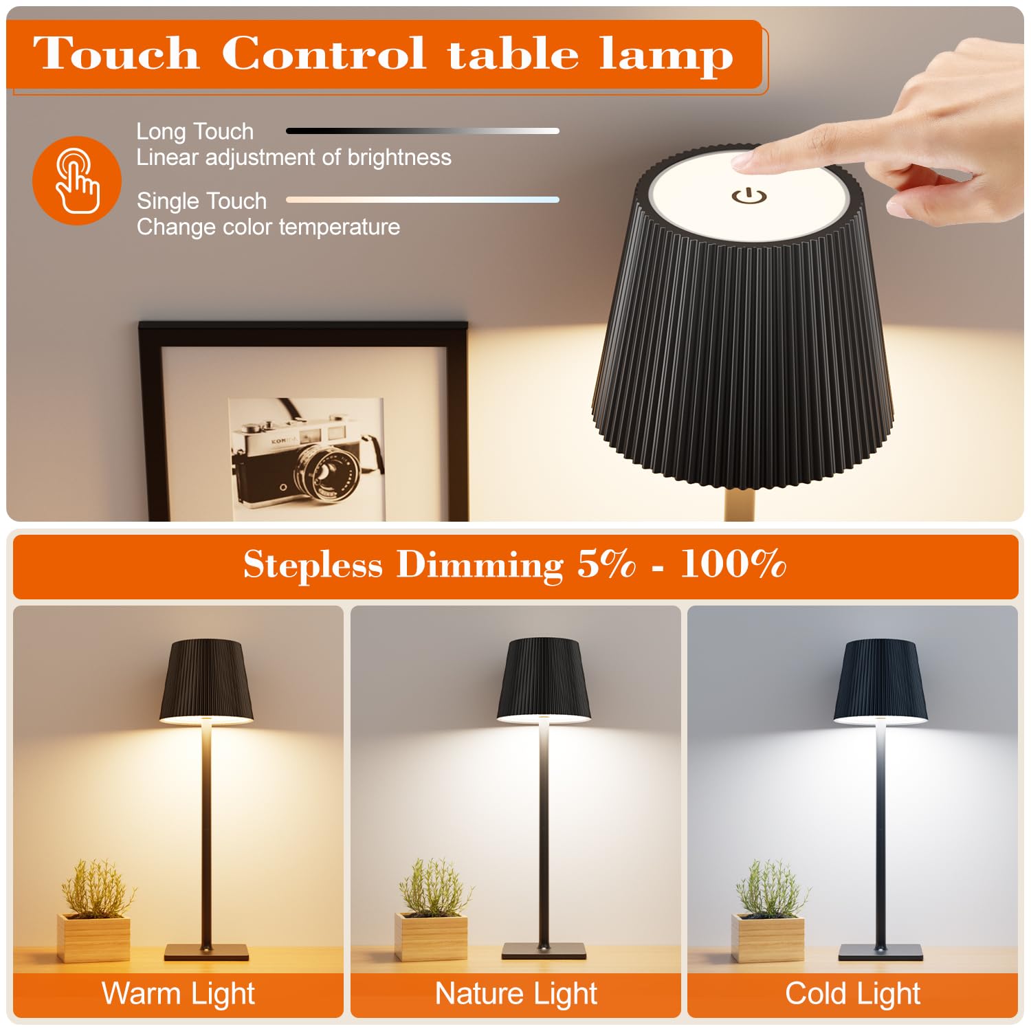 WOKWOYIO Lampada da tavolo senza fili, lampada da comodino a 3 temperature di colore con luce a batteria dimmerabile Lampada da tavolo a LED touch per soggiorno camera da letto, nero