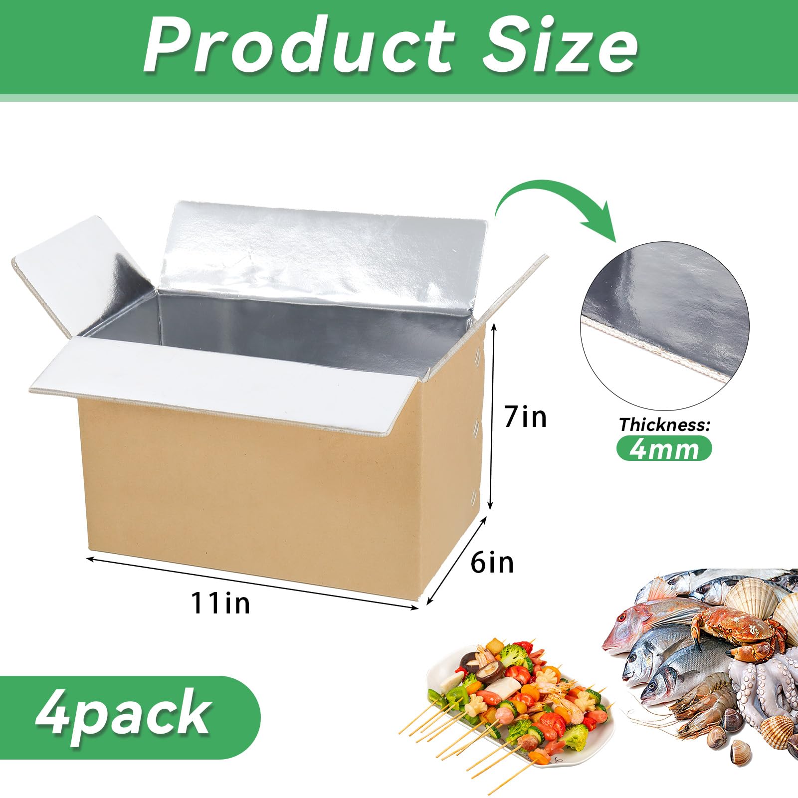 Isolierter Versandkarton mit Aluminiumfolien-Auskleidung, 4 Stück, Kaltversandkartons mit Aluminiumfolien-Isoliertasche, 27,9 x 15,2 x 17,8 cm, isolierte Boxen für kalten Versand, Tiefkühlkost