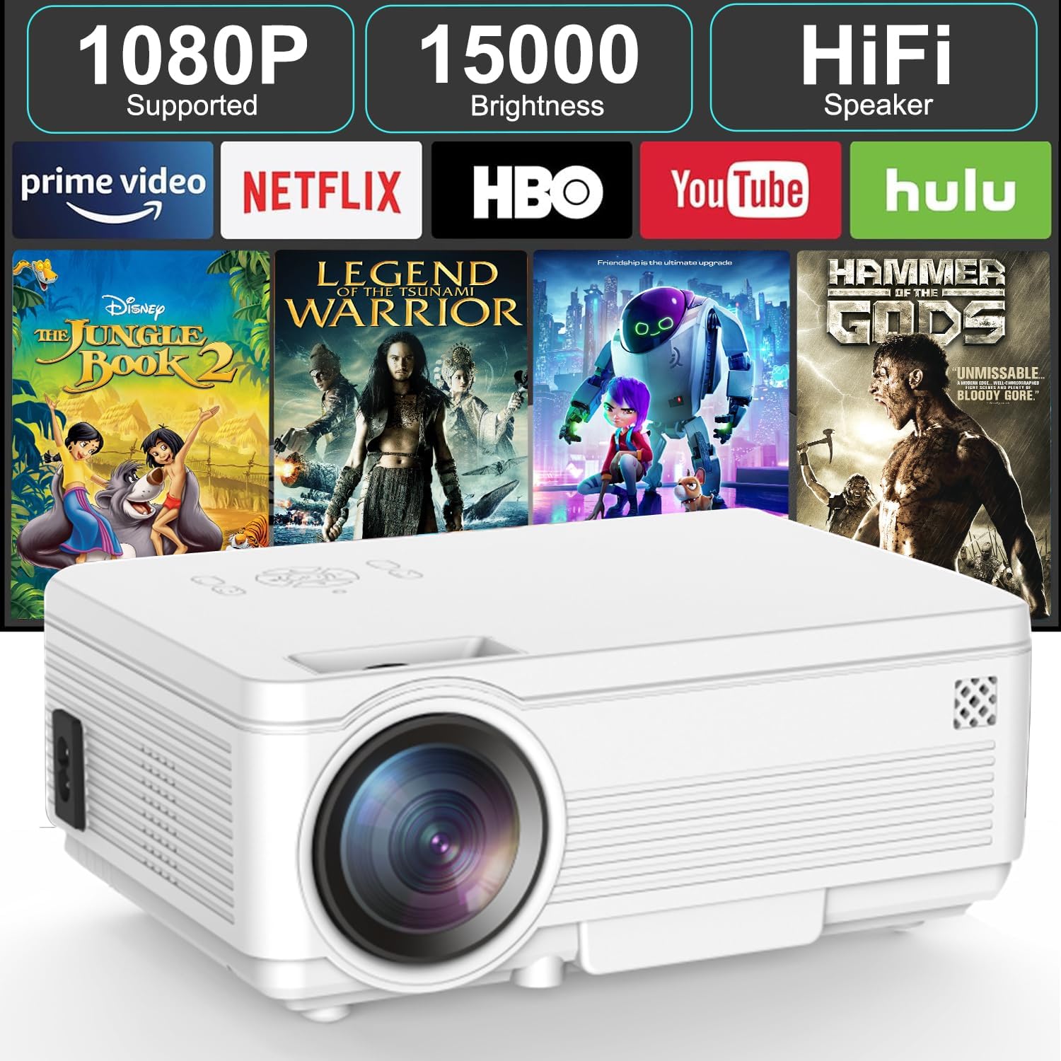 jifar andriod 5g wifi projector home 4k support 1080p smartphone full hd portable builtin youtube other apps auto keystone 4000 lumens 200" screen compatible 4k tv stick, multicolor (jp41)