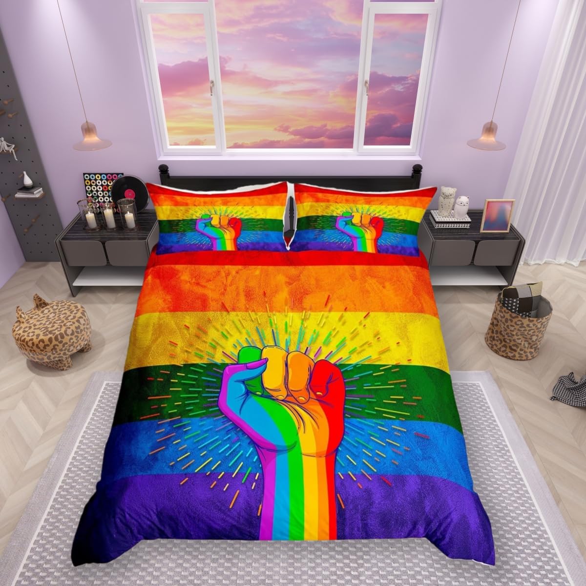 Feelingyou Multi 6 Watercolor Rainbow Comforter Cover King Size,Pride For Love Theme Bedding Set For Modern Room,Art Geometric Stripes Print Duvet Cover Set With 2 Pillowcases, Ultra Soft Bed Spread