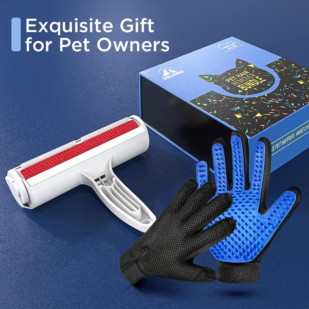 DELOMO Pet Hair Remover, Pet Roller and Pet Gloves, Pet Grooming Gloves, Reusable Dog Hair Remover Roller, Efficient Pet Hair Removal Tool for Your Pets and Furniture, Blue Red