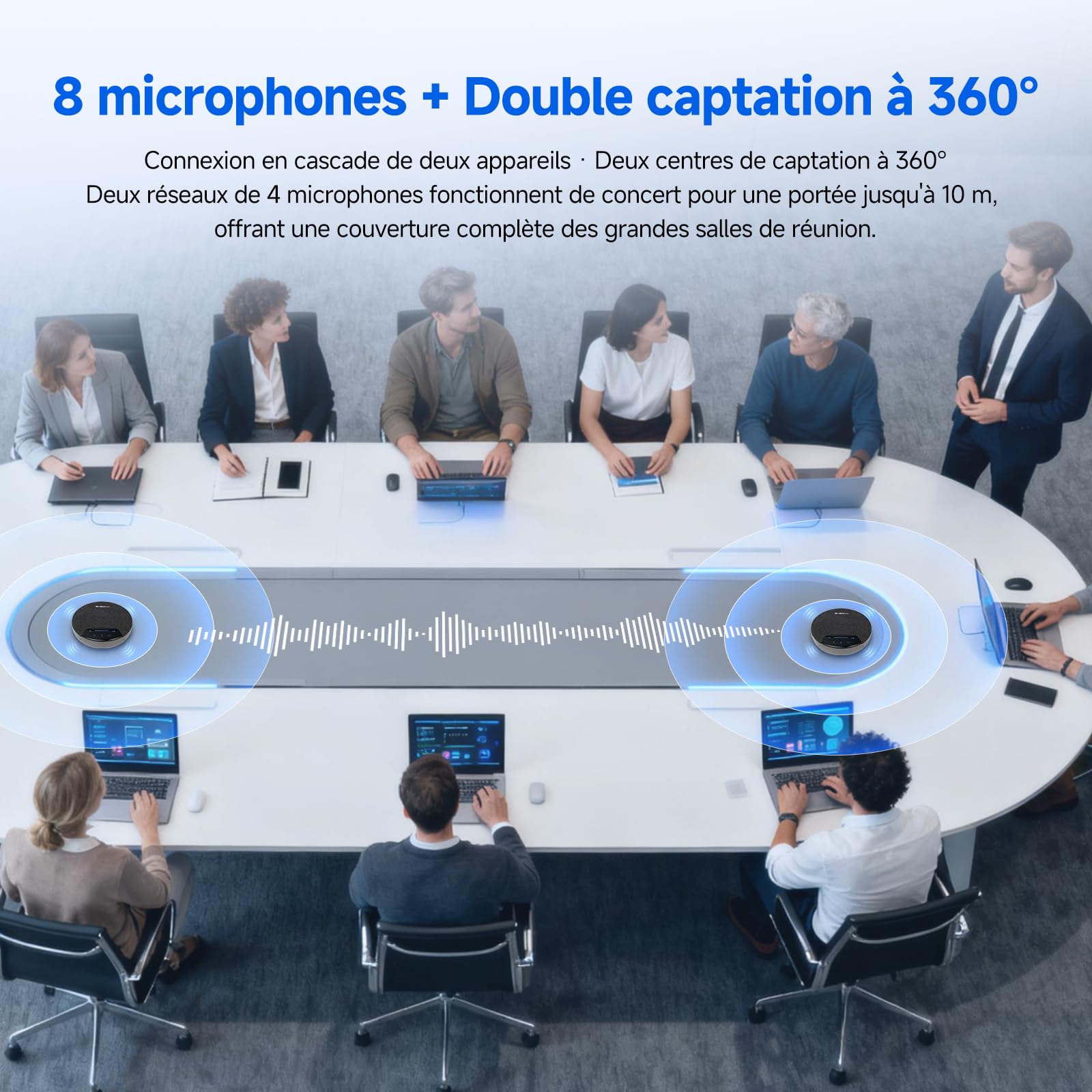 SVBONY O1 Micro de Conférence(2 Pack) pour 10-20 Personnes | Réduction Bruit 3A+IA 8 Micros, 10m, Capture 360°, Liaison Stabilisée UHF, avec Type-C&Dongle pour Grande salle de conférence