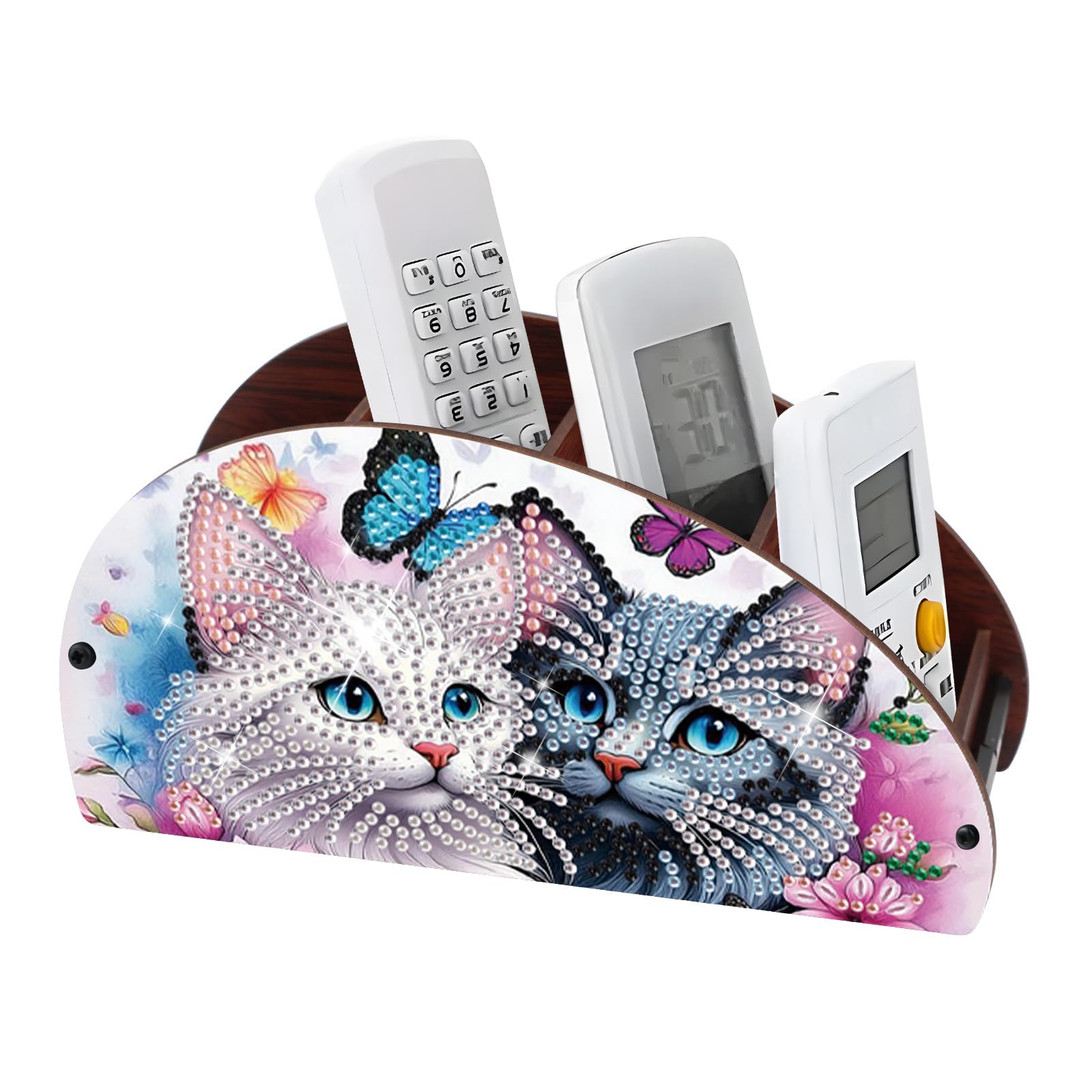 DIY Diamond Painting Storage Box Couple Cats, Handmade 5D Diamond Art Case Multi-Compartment Wooden Desktop Organizer for TV AC Remotes Makeup Brushes Pens Tabletop Holder, Valentine's Day Gift