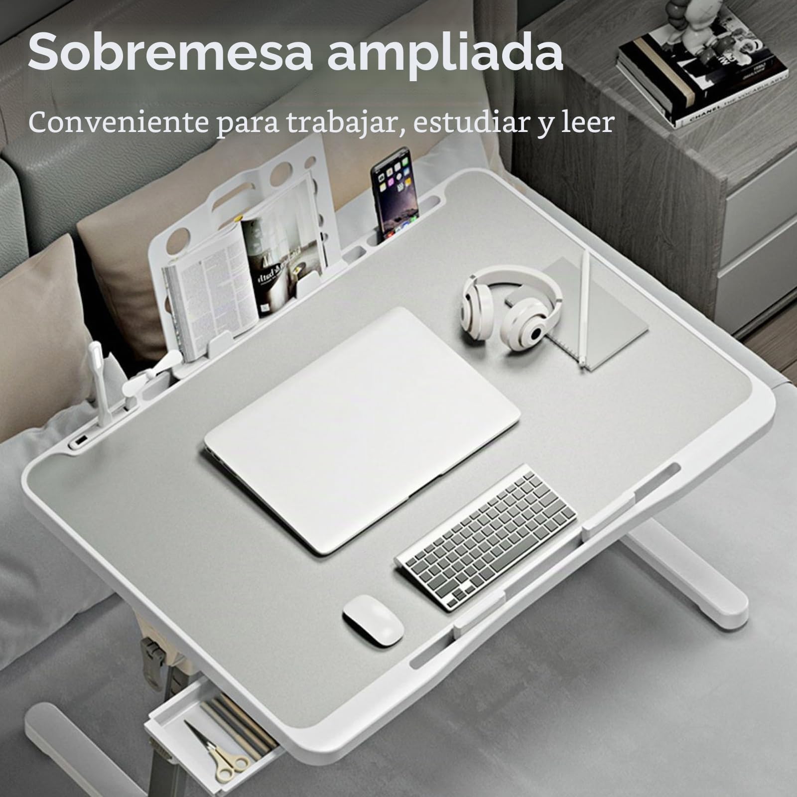 Mesa para PortáTil, Bandeja De Cama Ajustable En Altura Mesita De Noche Plegable con CajóN Estante LáMpara De Escritorio USB Y Ventilador para Cama Sofá Suelo 60 X 40 Cm