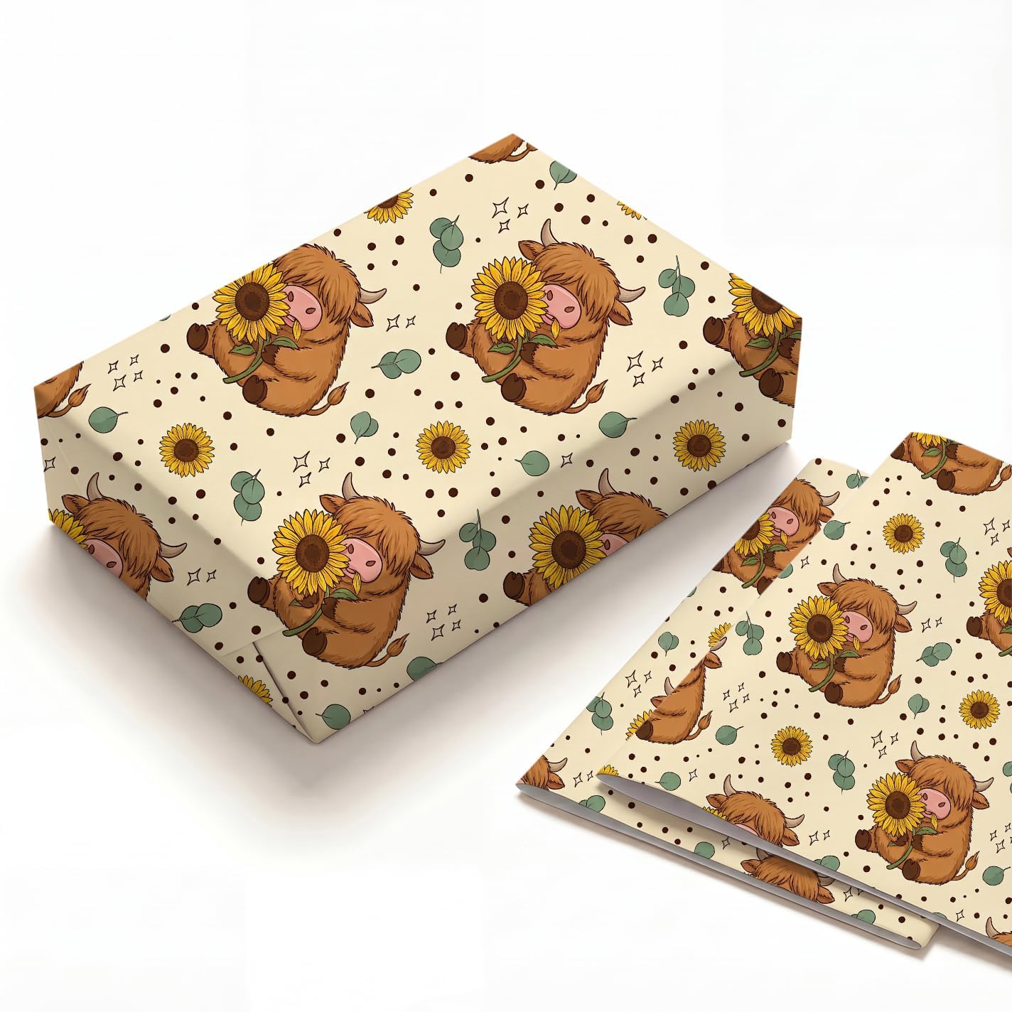 SHSEEN Sunflower Highland Cow Wrapping Paper, 2 Sheets, 19.7 x 27.6 in — image 1