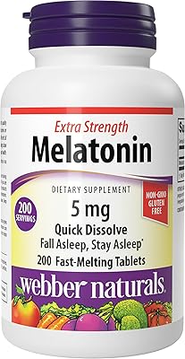 Webber Naturals Extra Strength Melatonin 5mg, Fast-Melting Tablets, 200 Day Supply, 100% Drug Free Sleep Supplements for Adults, Gluten Free, Non-GMO, Vegetarian Formula