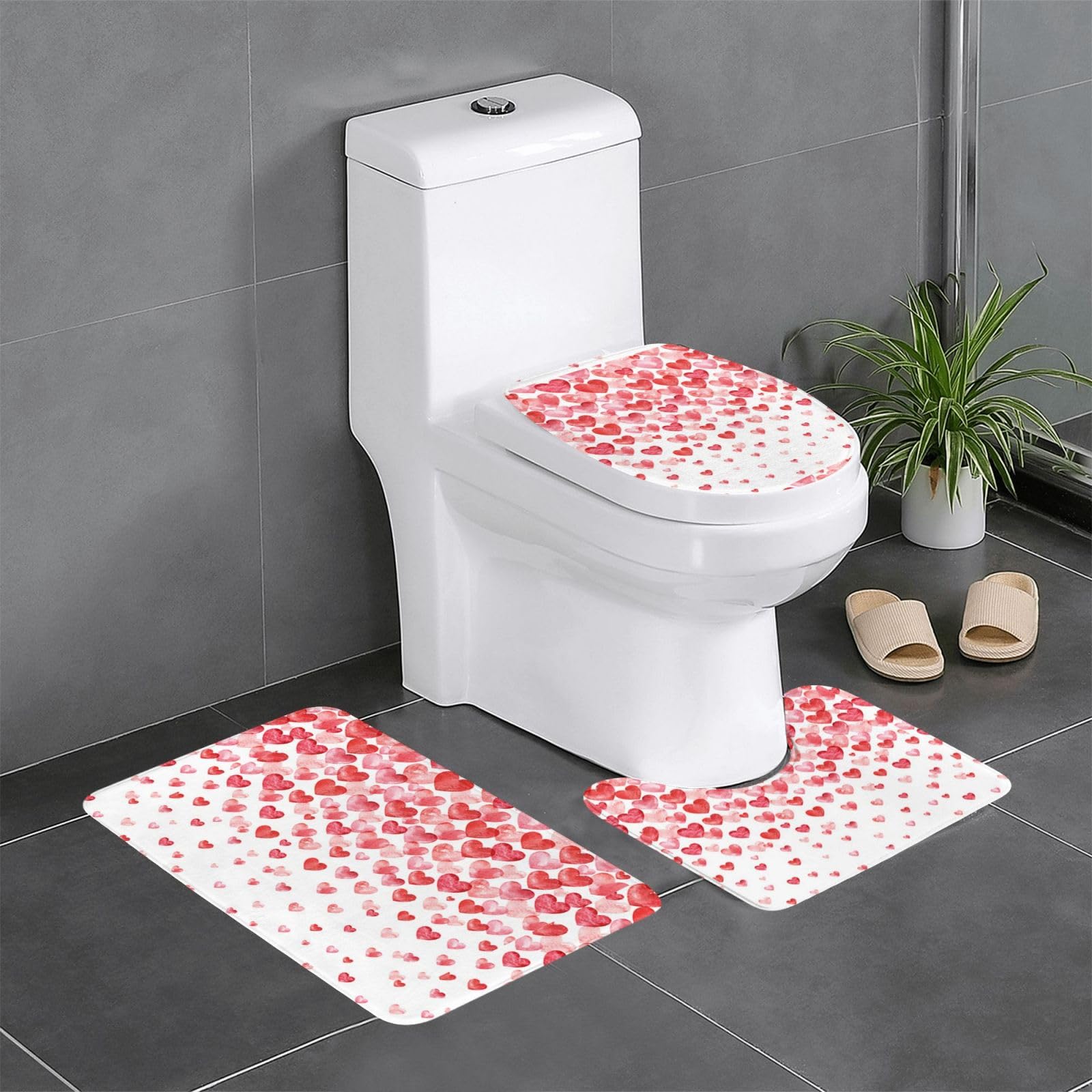 Lot de 3 tapis de sol en flanelle cœurs rouges pour sublimer votre salle de bain