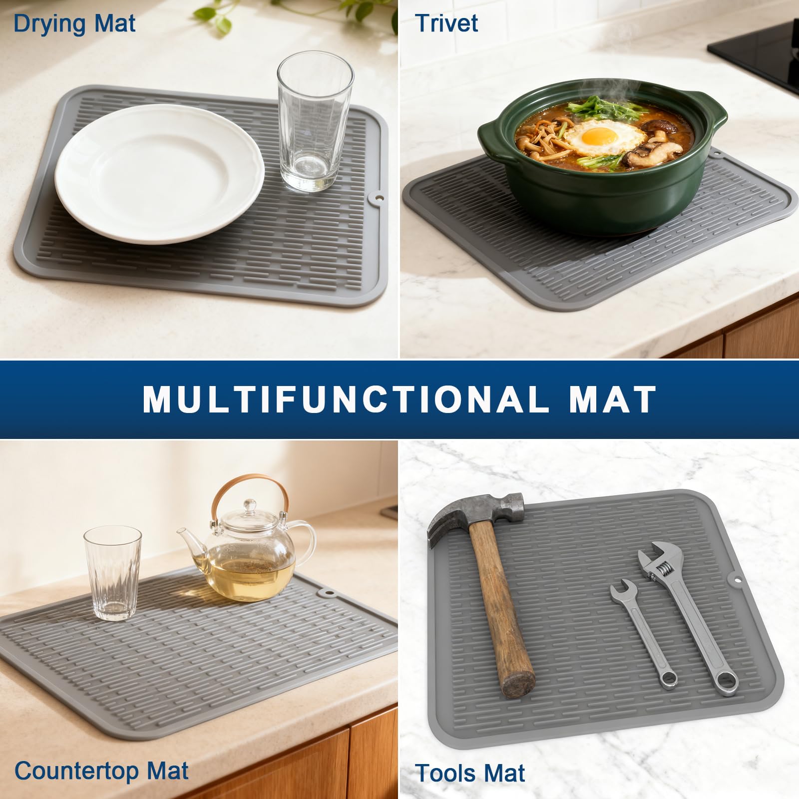 Extra großer Silikon-Untersetzer, hitzebeständig, 45,7 x 40,6 cm, Set mit 2 Abtropfmatten für Küche, Theke, Abtropffläche, Topfuntersetzer, spülmaschinenfest, Grau
