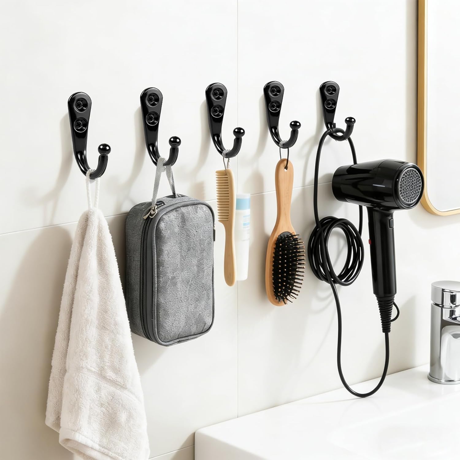 10 Pack Command Hooks, Black Heavy Duty Metal Shower Curtain Hooks with 20 Pieces Screws for Bathroom, Kitchen, Closet, and Garage, Easy to Use