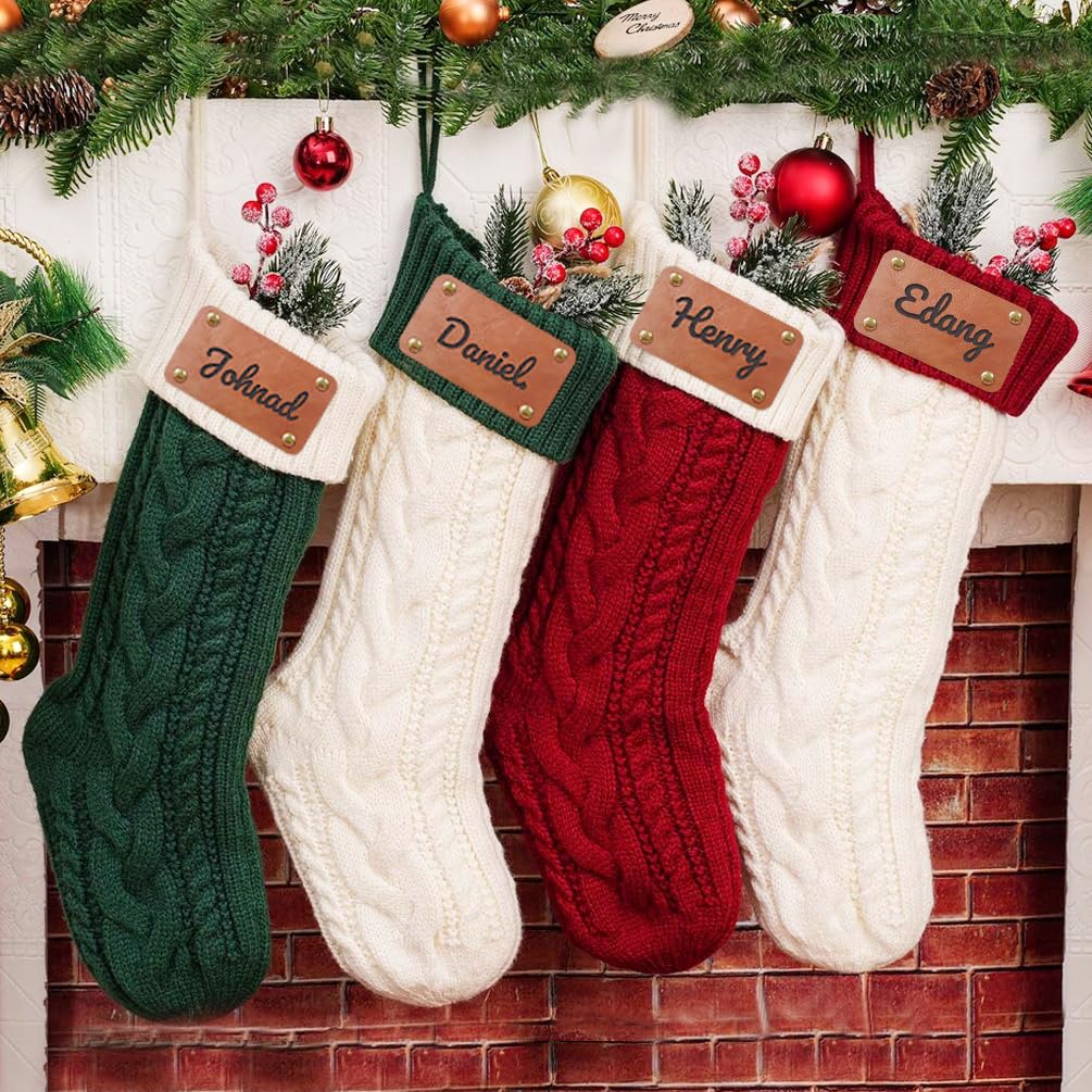 Chaussette de Noel Personnalisé avec Nom, Grandes Tricotés Chaussette de Noël Suspendre Cheminee Decorative Chaussette Noel Broderie Bas Personnalisable Cadeau Décorations Sapin de Noel
