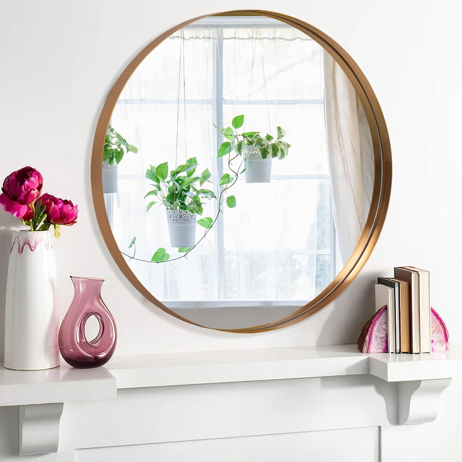 NeuType Round Wall Mirror Large Circle Mirrors for Wall Bathroom Mirror Vanity Wall-Mounted Mirrors Decorative Mirrors for Bedroom Living Room Entryway Metal Wide Frame (Gold, 32") : Home & Kitchen