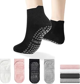 Juego de 4 pares de calcetines de yoga antideslizantes y transpirables para mujer, color negro, blanco, gris y rosa, calcetines cortos con silicona antideslizante, adecuados para pilates