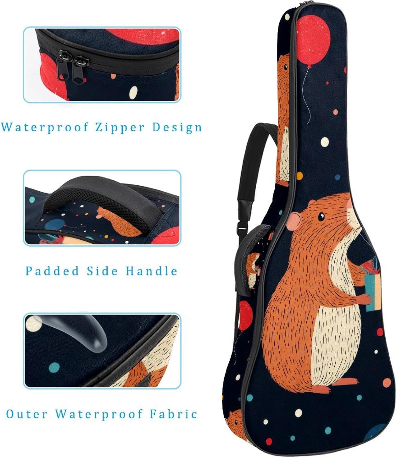40 41 42 Inch Acoustic Guitar Bag, 0.4 In Thick Sponge Padded Guitar Case Gig Bag with Back Hanger Loop and 2 Pockets, Capybara Balloons