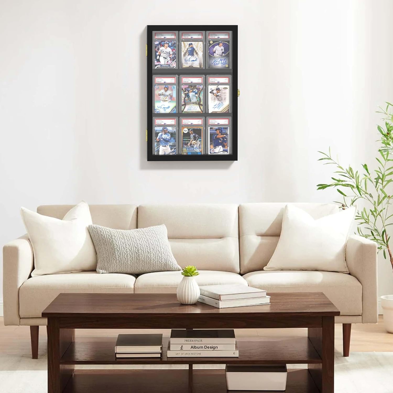 Graded Sports Card Display Case, Baseball Card Display Frame, Holds Sport Cards with Crystal Clear View Lockable Wall Cabinet for Football Basketball Hockey Trading Card, Black Finish Frame