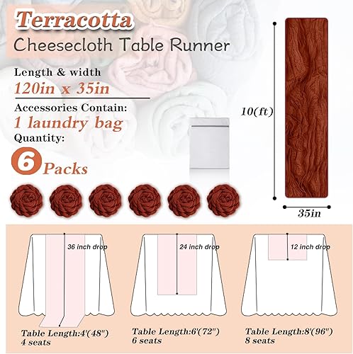 Miniatura 2 de Waligoy Camino de Mesa de Gasa de Terracota, Paquete de 6, Gasa Bohemia de 35", 120 Pulgadas de Largo, Tela de Gasa Rústica Transparente al Por