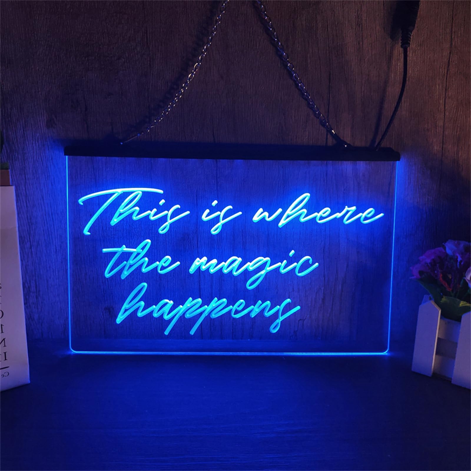 REWIS This Is Where The Magic Happens LED Neon Sign, Custom USB Powered 3D Engraved Neon Lights with Dimmer, for Wedding Party Bedroom Wall Hanging Dimmable Decorative,Blue,40x30cm