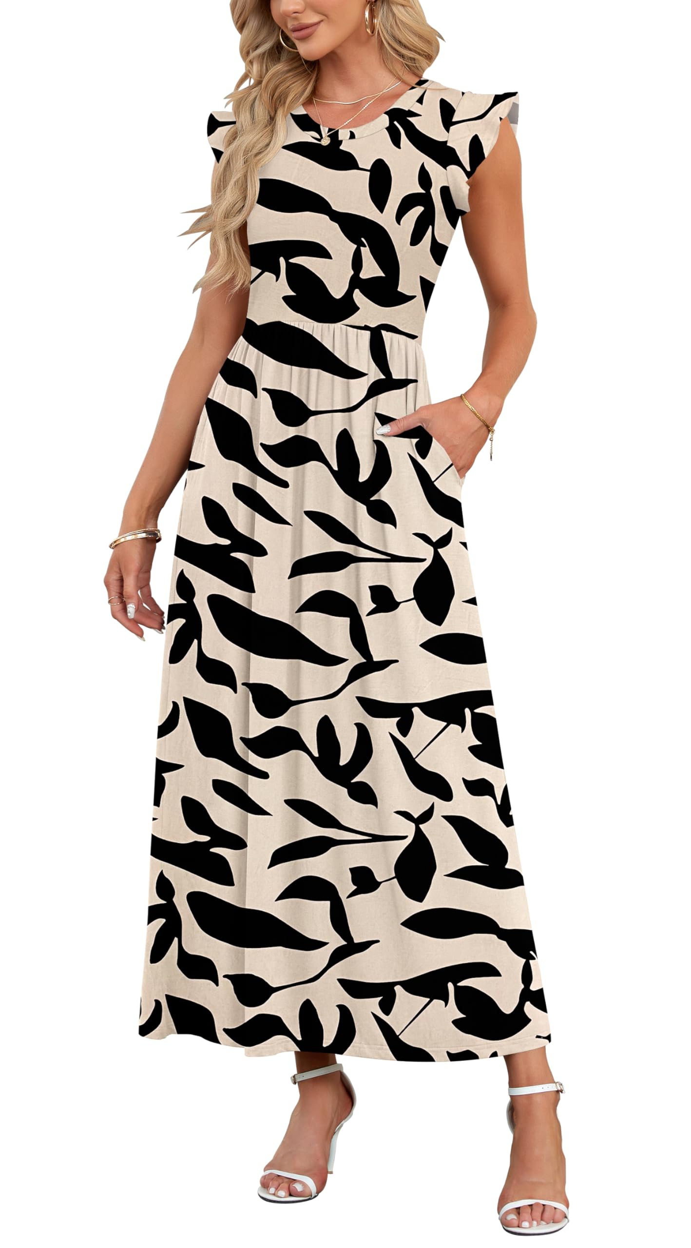 AUSELILY Damen Sommer Rundhalsausschnitt Maxi Kleid mit Taschen Kurzarm und Rüschen Lässiges Hohe Taille Langes Lockeres Bodenlanger Rock
