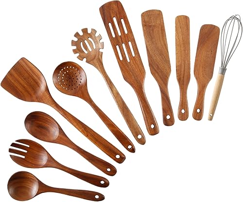Juego de 11 cucharas de madera para cocinar juego de utensilios de cocina de madera espátula de madera de teca natural tenedor de ensalada juego de