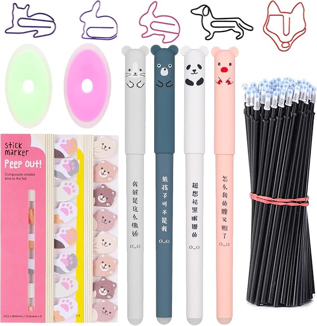 33Pcs Cute Pen Set, 0.35mm Cartoon Animal Erasable Black Ink Gel Pen with Pen Refills, Self-Stick Page Flags Cat Paper Clips and Erasers for Kids Stationery School Office Supplies