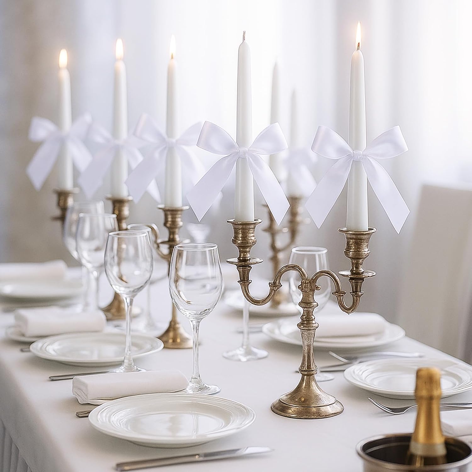MTLEE 24 Pcs Taper Candles Bow Candle with 72 Ft Ribbons Bows Unscented and Smokeless 0.87 x 10 Inch Tall Candlesticks with Cotton Wick Long Burning for Wedding Dinner Coquette Holiday Party(White)