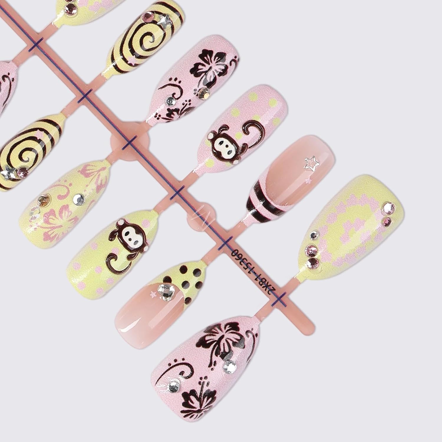 Cute Press on Nails, Medium Almond Fake Nails, with Monkey Floral & 3D Rhinestone Swirl Polka Dot Design, Reusable Glue on Nails for Women Party Daily Wear 24Pcs